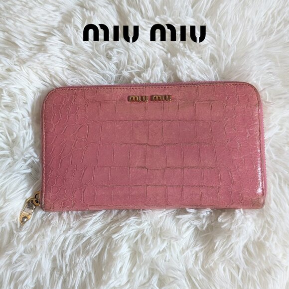 Miu Miu, Croc Embossed Leather Continental Wallet, Pink - Picture 1 of 12